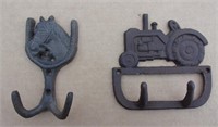 2 Hat or Coat Hooks Tractor & Horse Cast Iron