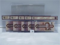 5 GRADED 1986 2 DOLLAR CDN BANK NOTES