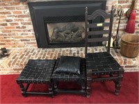 3 PC LEATHER BOTTOM CHAIR AND 2 OTTOMANS