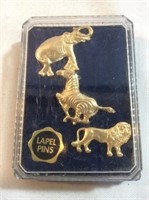 Elephant zebra and lion label pins in original