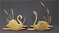 Vtg Metal Swan Wall Hanging on Wood Cat Tails 13"