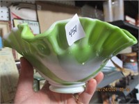 Green & White Slag Glass Ruffled Bowl
