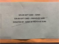 Sonic/Firehouse subs gift cards
