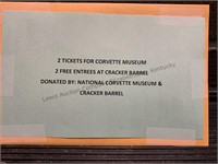 Corvette Museum/Cracker Barrel tickets and gift