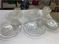 Glass 3 piece, 4 place setting dishes. Plates,