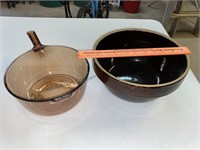 Earthen mixing bowl and glass cooking pot