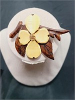 Vintage Carved Wood Flower Brooch