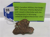 WWI 184TH OVERSEAS INFANTRY BATTALION HAT BADGE