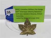 WWI 103RD OVERSEAS INFANTRY BATTALION HAT BADGE