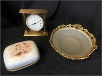 Desk Lot - Sheffield Clock, Porcelain Box &  Dish