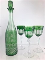 Emerald Green Cut to Clear Decanter & 3 Glasses