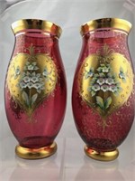 Rare Pr. Lg. Cranberry Venetian Glass Enamel Vases