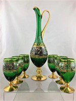 Green Victorian 7 pc. Bohemian Decanter & Glasses