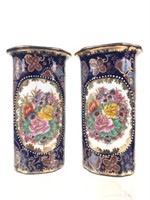 Pr. of Handpainted Navy Porcelain Chinese Vases