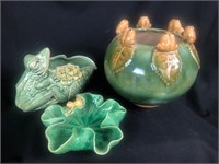 Group of 3 Pottery Pieces w/ Frog Accents