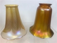 2 Iridescent Gold Aurene Art Glass Trumpet Shades