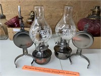 2 oil lamps with wall hangers and reflectors