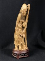 Asian Bone Signed Figural Sculpture on Wooden Base