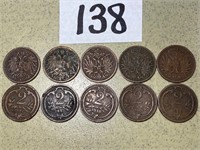 (10) Austria 2 Heller Coins 1890\'s - 1910\'s