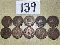 (10) Hungary 2 Filler Coins 1890\'s - 1900\'s