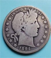 Silver Barber Half Dollar Coin 1894 S