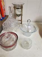 Glass covered candy dishes (3), candle holder