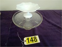 1930 Jeanette Harp Cake Plate with Milk glass Comp