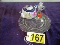 Teapot. McKee Plate. Hand Painted Cruet