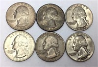 6 Silver Washington Quarter Dollar Coins
