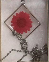 Red Dried Flower encased in Resin set in Silver Pl