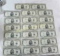 20 Blue Seal $5 Silver Certificates, $100 Face Val