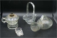 Glass Basket, Kerosene Lamp & other glass décor