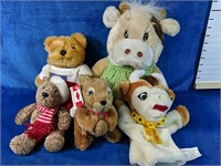 5 assorted stuffies, 4"-12" including 1 hand