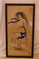Antique framed sketch/painting-Woman w/ Yale Flag