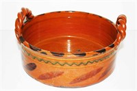 Shooner 8"D Redware Dbl. Rope Handle Butter Tub