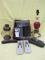 Assorted Remotes, Telephone, & Lamps