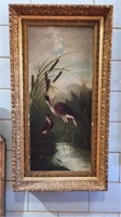 ANTIQUE OIL ON CANVAS OF HERONS IN CARVED FRAME