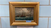 ANTIQUE OIL ON CANVAS OF TUG BOAT AND SAILING BOAT