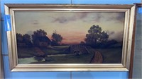 ANTIQUE OIL ON CANVAS OF COTTAGE ON STREAM W/ BRID