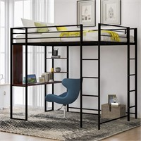 Full Size Metal Loft Bed w/ 2 Shelves and Desk
