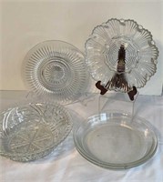 Glass pie, bowls, plates and egg plate.
