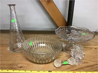 Etched Glass Vase, Pressed Glass Pedestal Dish,