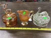 Carnival Glass, Covered Dish, Creamer, Swan 2 Pc