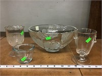 10" Etched Glass Fruit Bowl, Stemware & Dish
