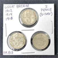 (3) WWI Era Silver British 3 Pence 1912-1918
