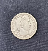 1909-D Barber Silver Quarter US 25c Coin