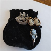 Cameo Clip On Earrings, 2 Broaches