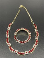Sparkling red rhinestone necklace & brooch