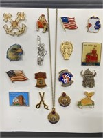 Vintage & newer VFW & Aux pins w/ necklace