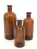 Lot of 3 vintage brown glass medicine bottles